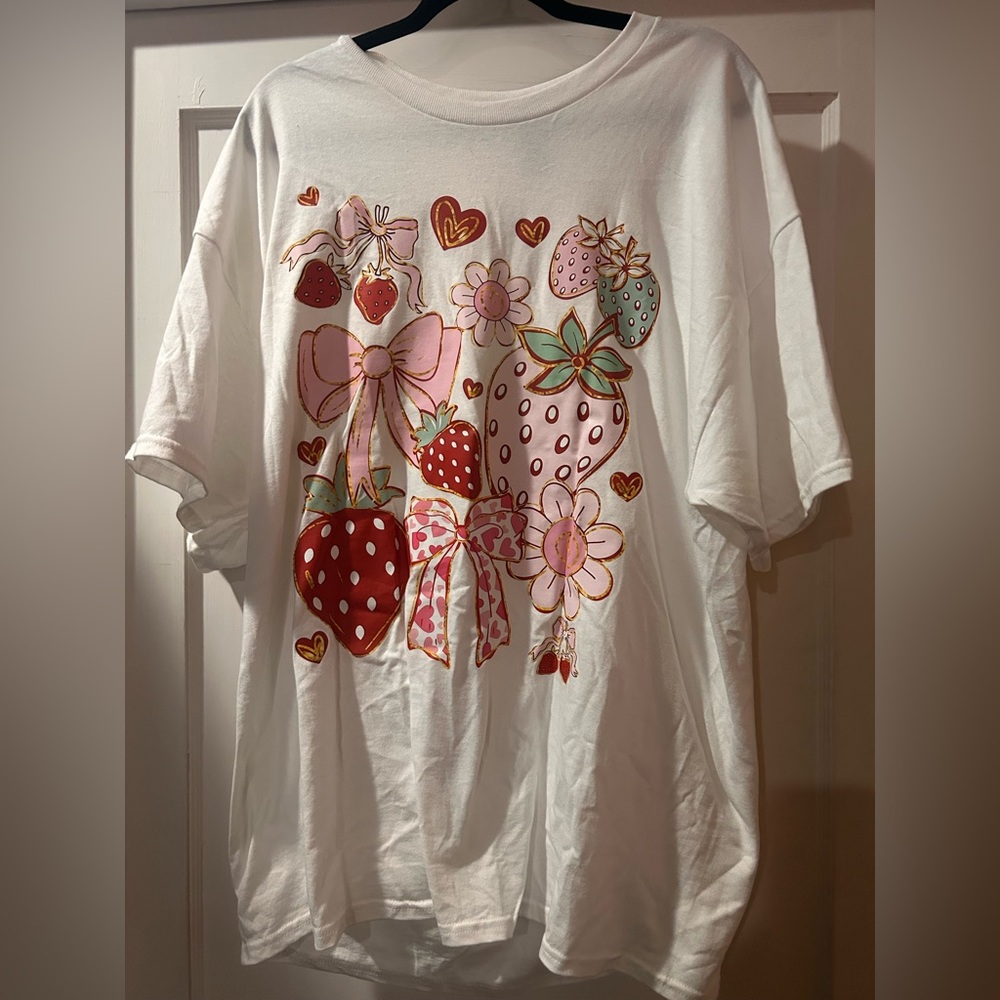 White T-Shirt with Strawberry and Heart Design